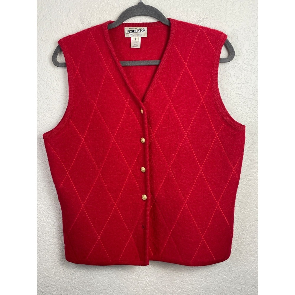 Vtg PENDLETON Sweater Vest Womens Large Red Wool V-Neck‎ Gold Buttons Old Money